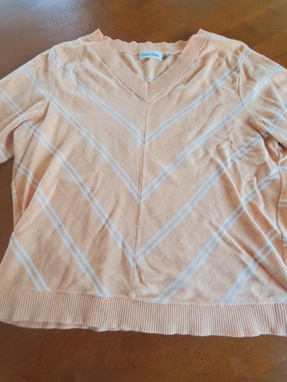 Calvin Klein Women's Peach V-Neck Sweater with White Stripes
